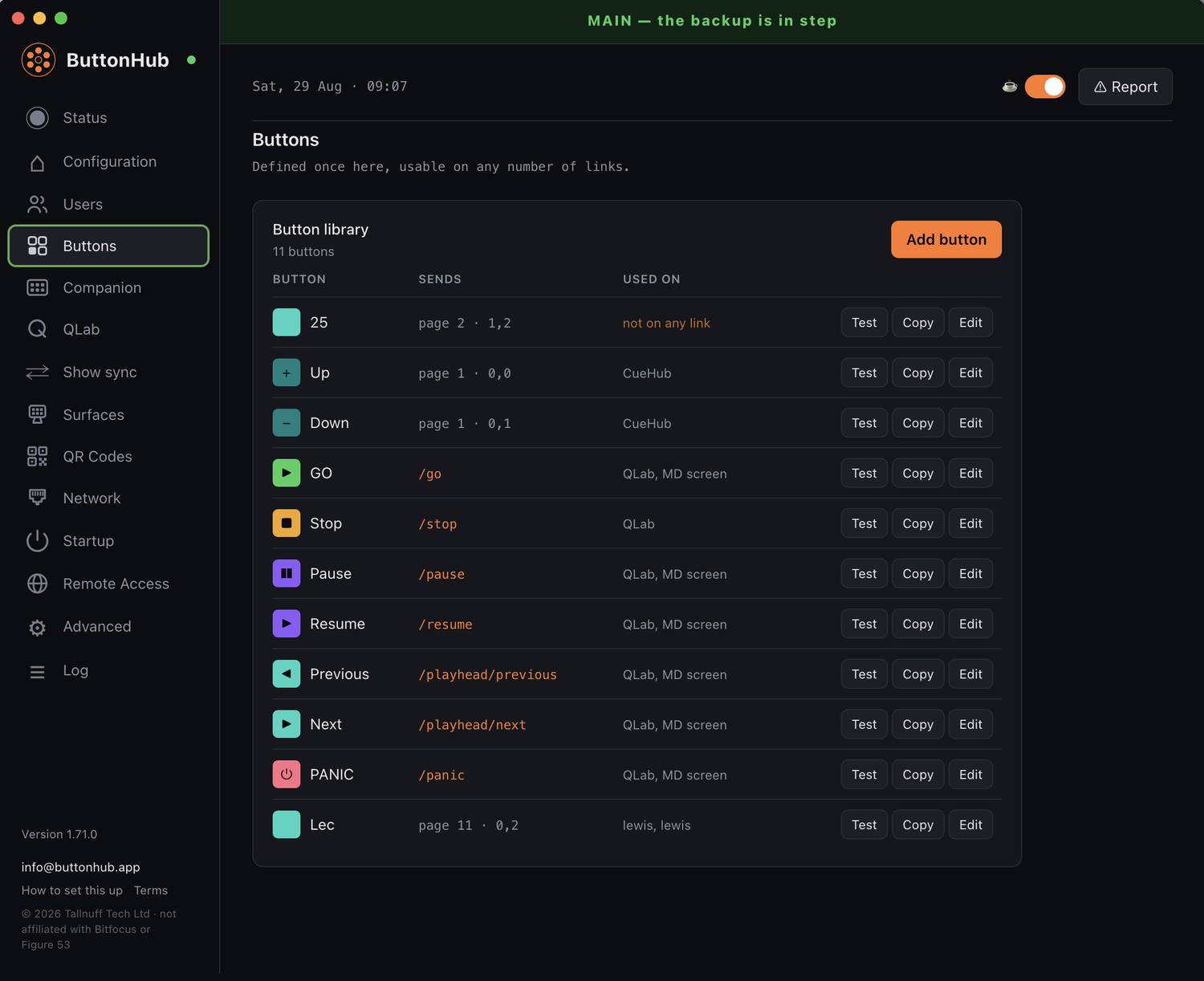 The ButtonHub button library, listing GO, Stop, Pause, Resume, Previous, Next and PANIC, each showing what it sends and which links use it.