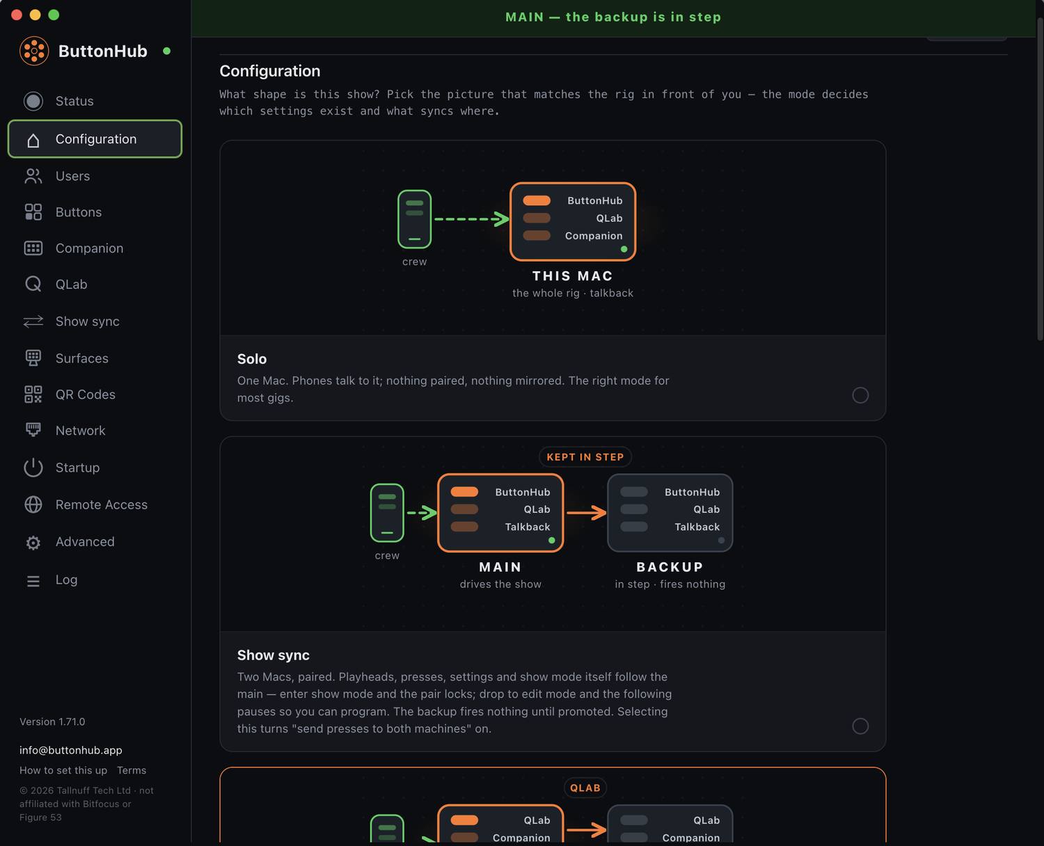 ButtonHub's Configuration tab, showing the Solo and Show sync modes as pictures with a radio button beside each.