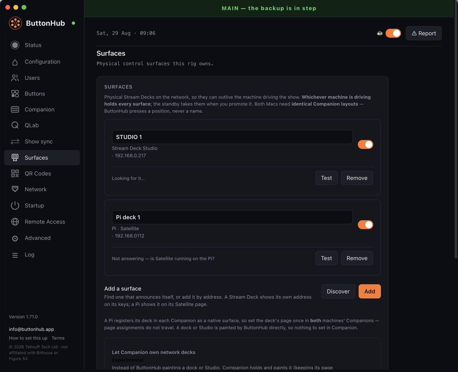 ButtonHub's Surfaces tab, listing a Stream Deck Studio and a Pi running Satellite, each with its address and a Test button.